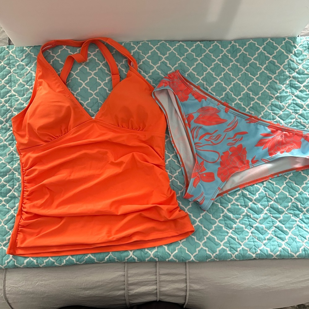 Vibrant Orange and Blue Bikini Set with Halter Neckline